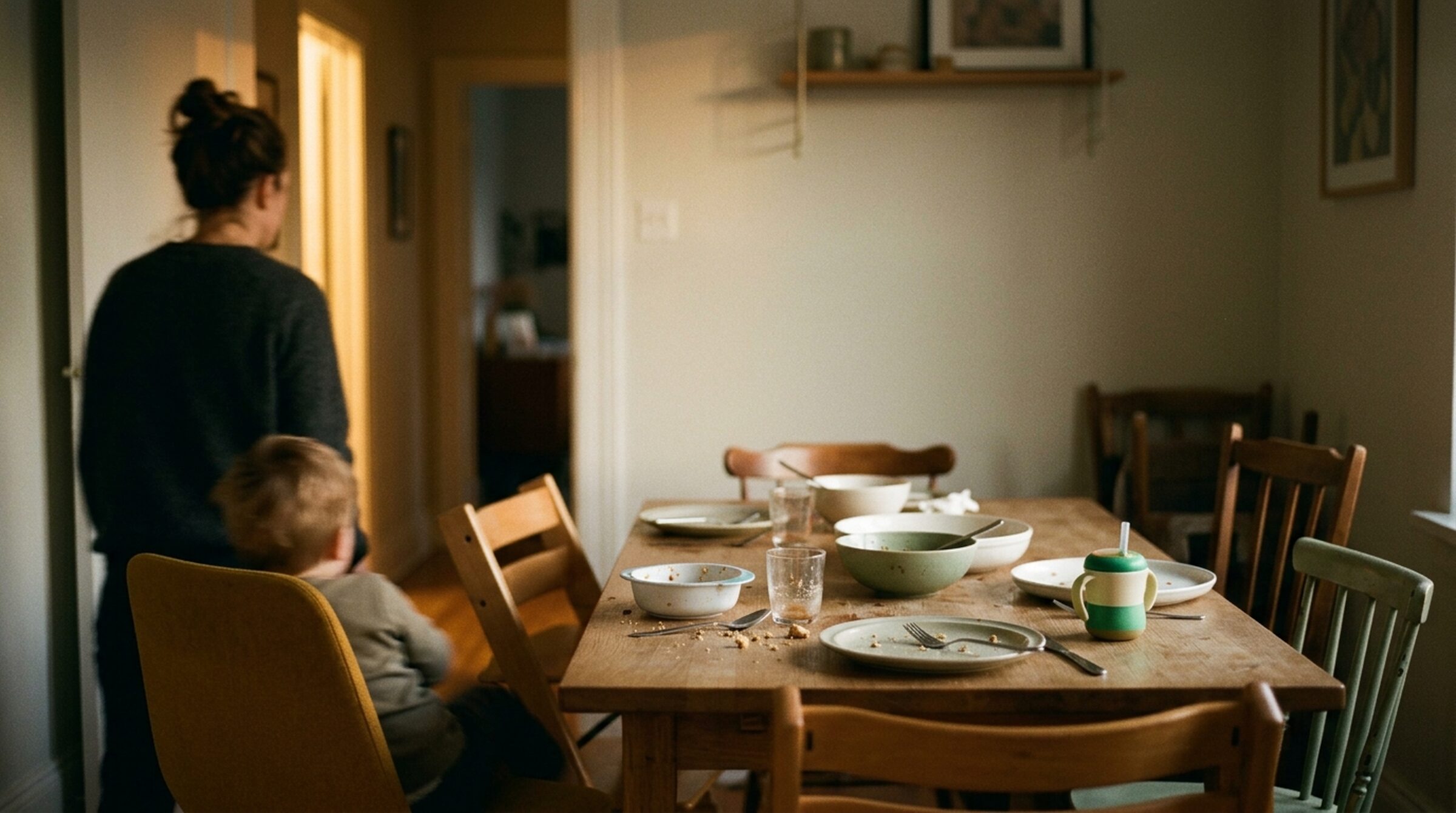 A parent and child stepping away from a dinner table still scattered with dishes in evening light