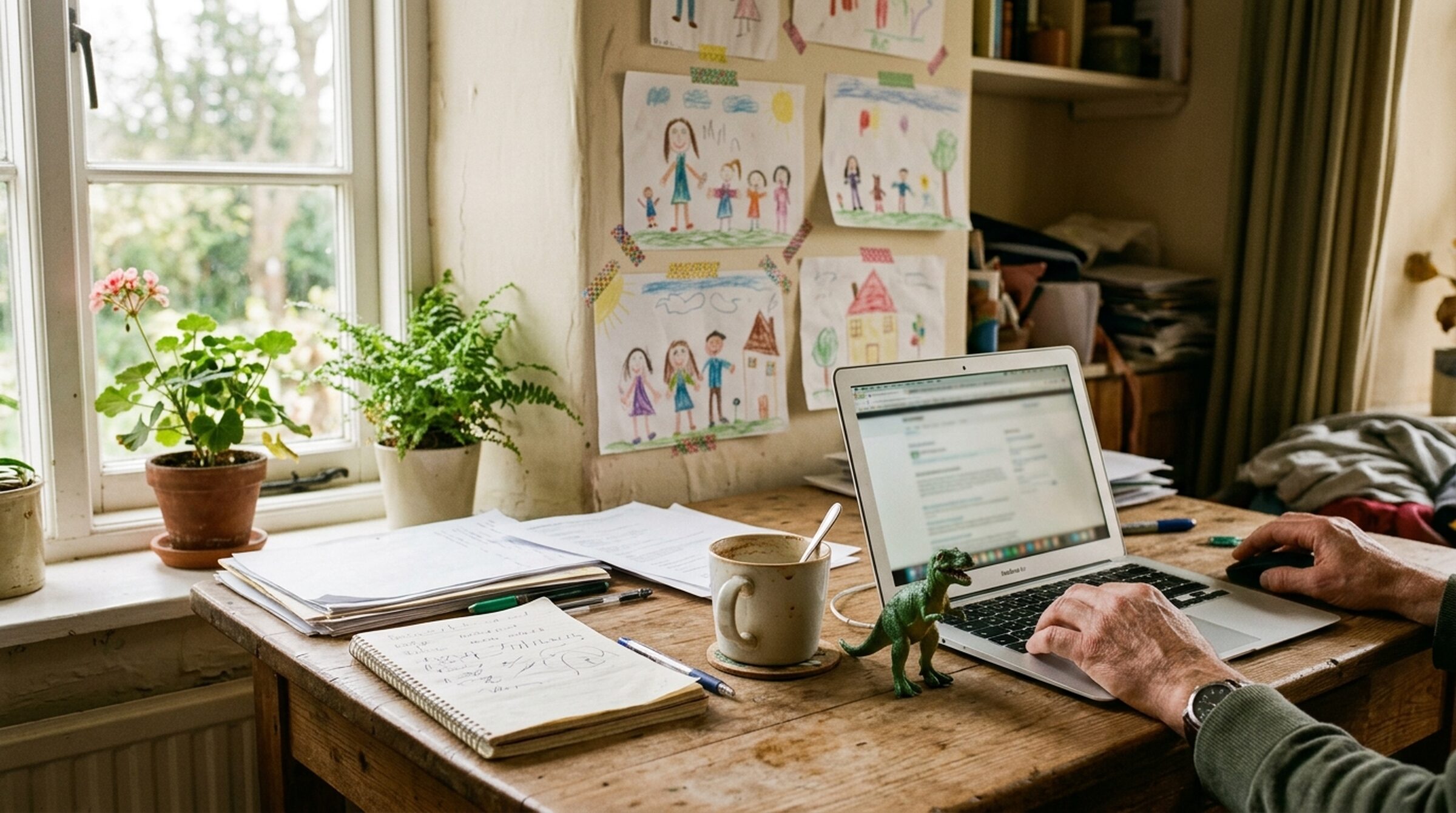 A home desk with a laptop, coffee, a toy dinosaur, and a child's drawings taped to the wall
