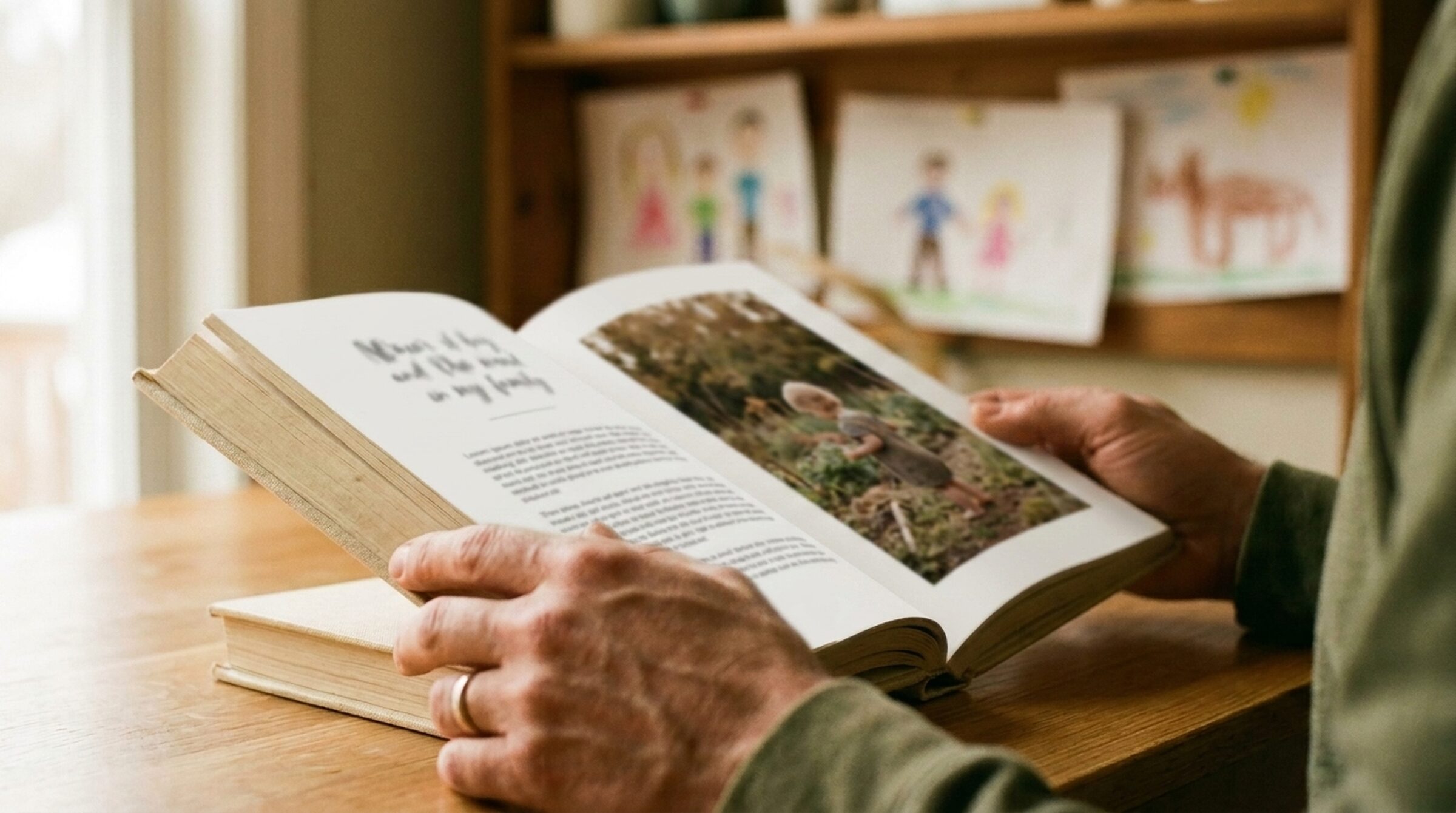 Hands opening a printed cloth-bound Memory Book on a wooden table