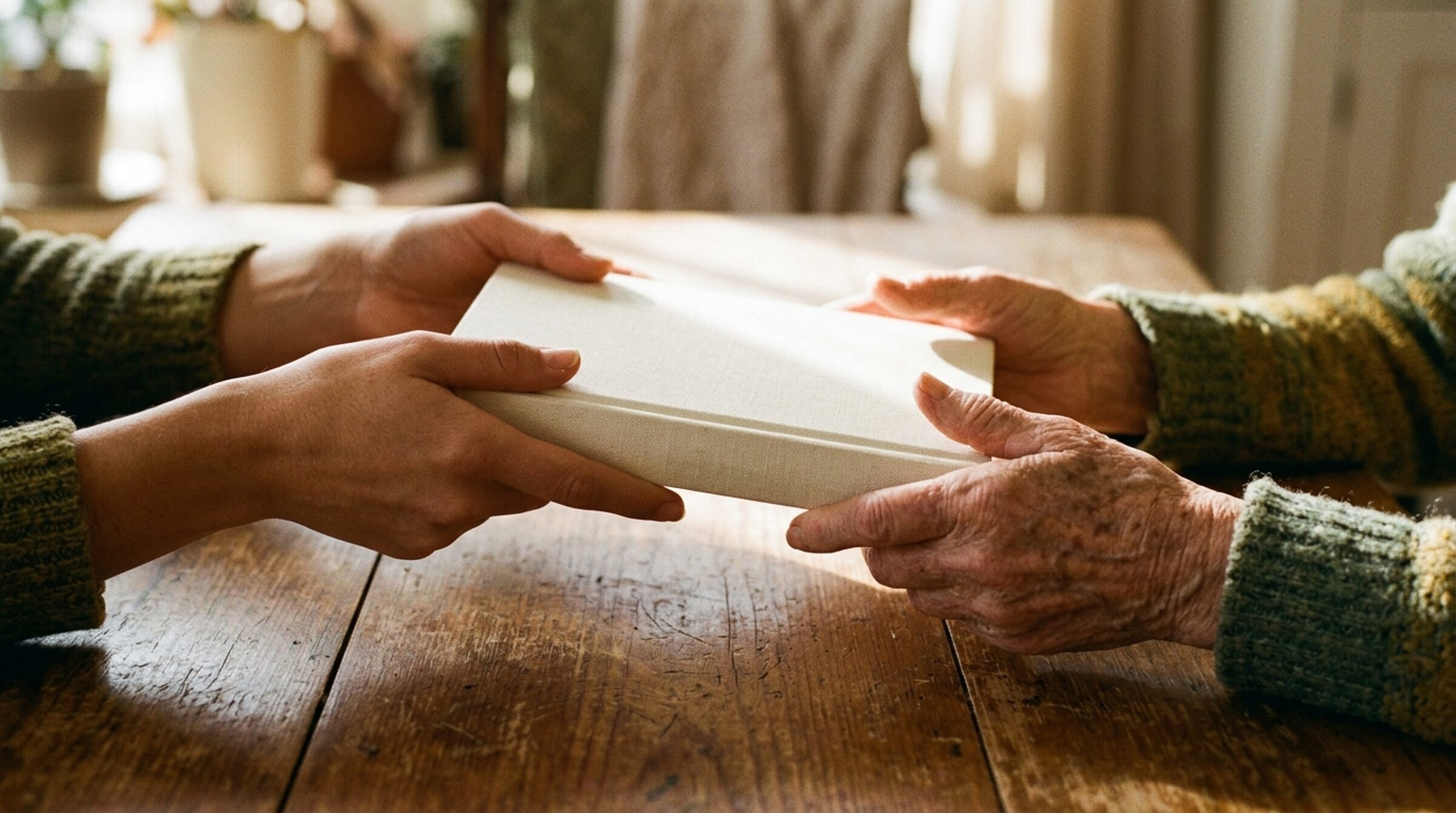 A grown child holding a childhood memory book passed down from a parent