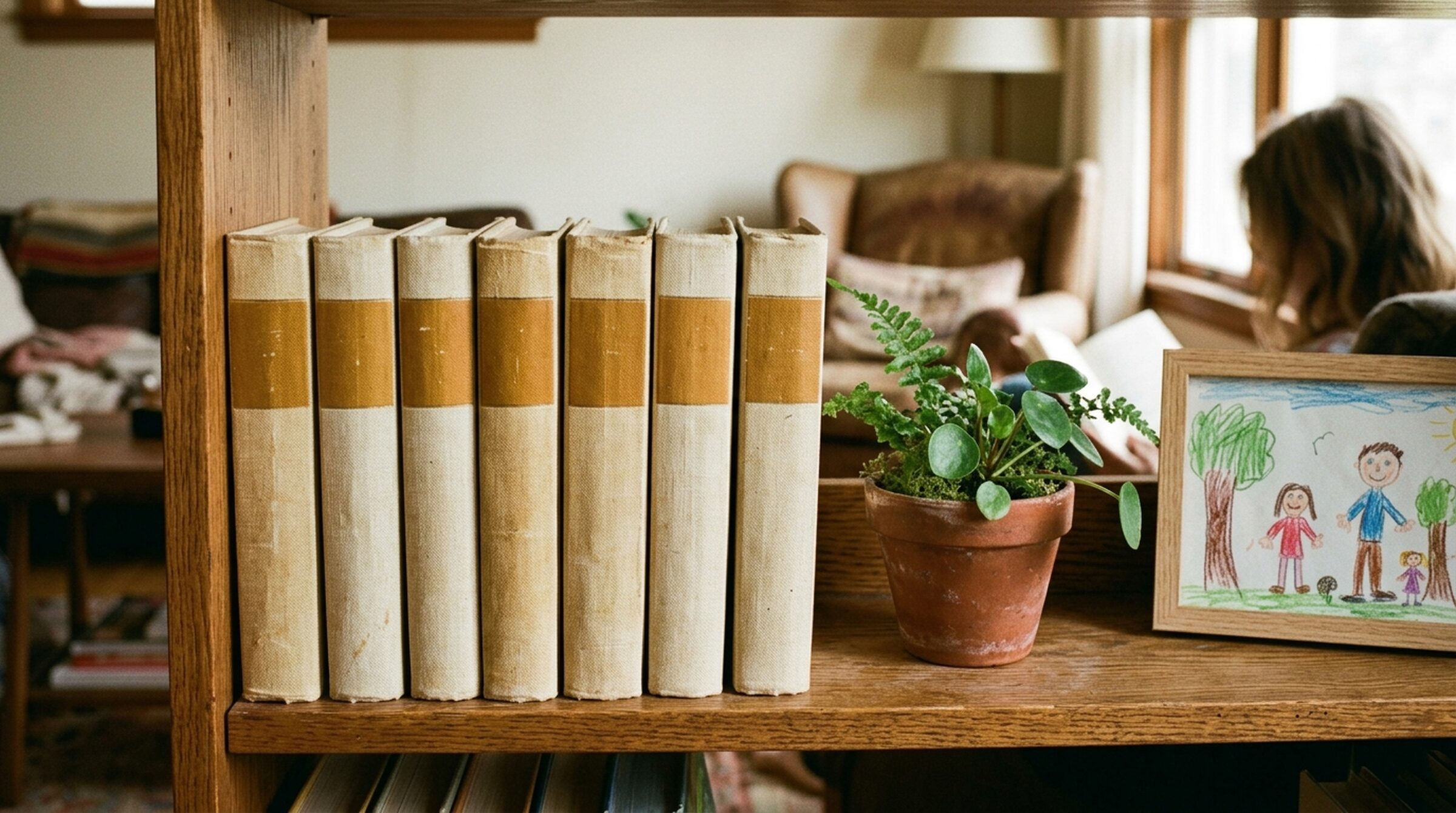 A strip photo of book spines on a shelf