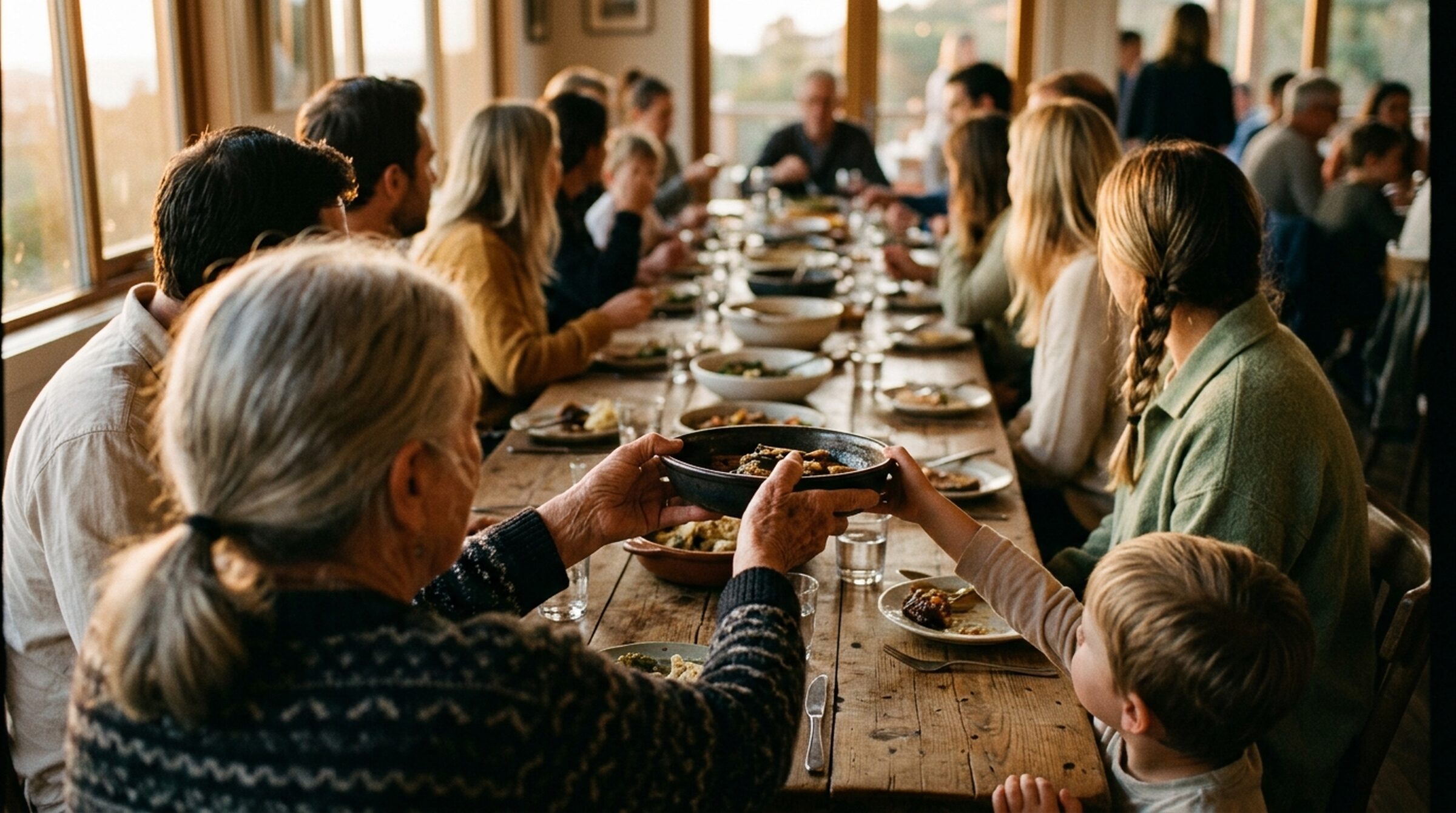 Three generations gathered around a dinner table in warm golden-hour light, faces turned away from the camera