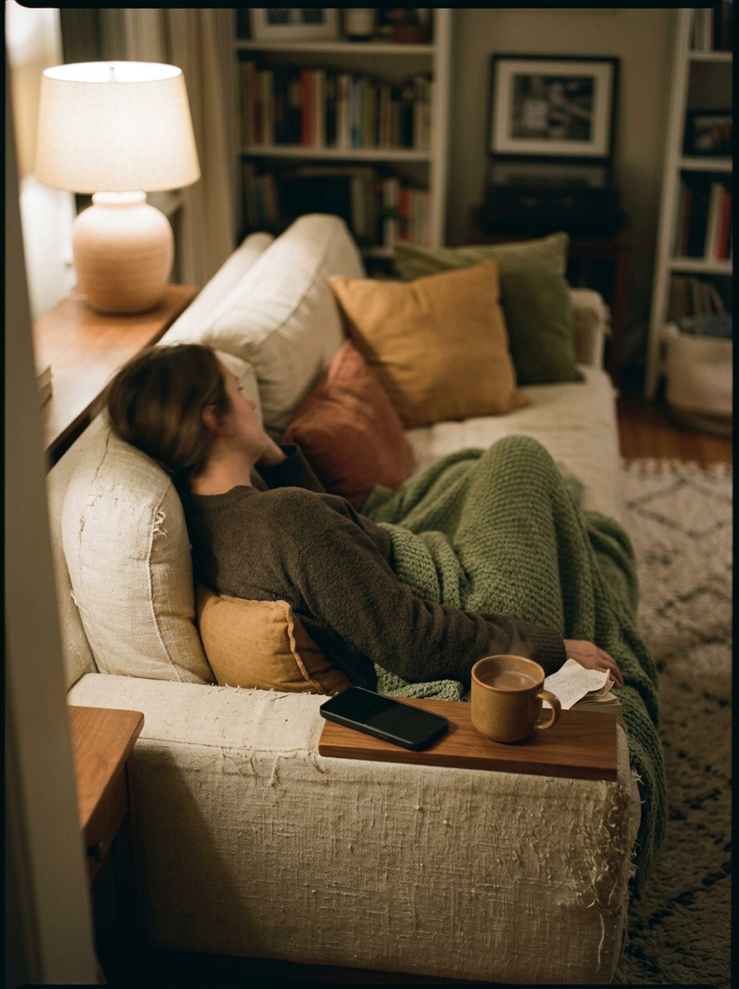 A parent relaxing on the couch in the evening, phone resting face-down beside them