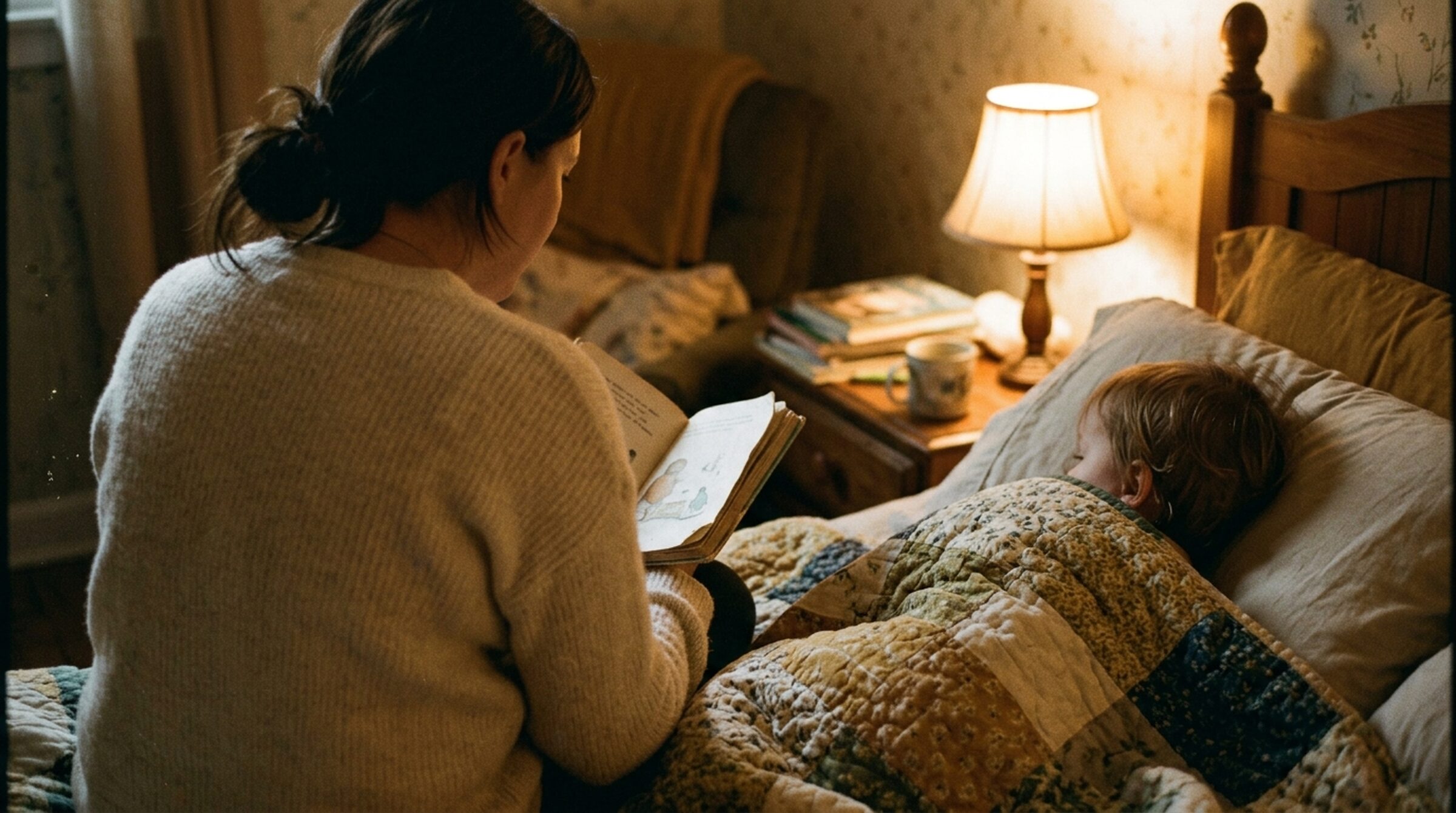 A parent reading to a child under a bedside lamp