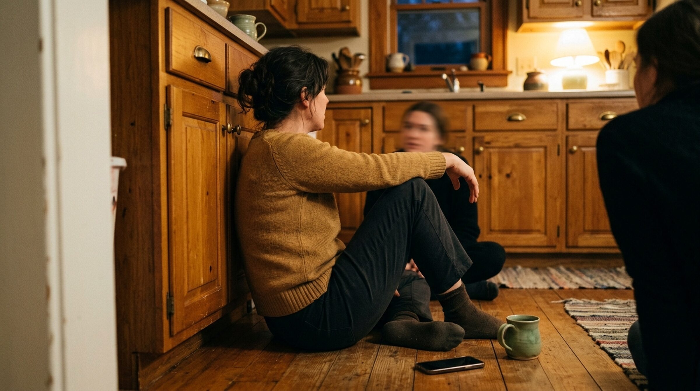 A parent talking through the week from the kitchen floor, phone face-down beside them